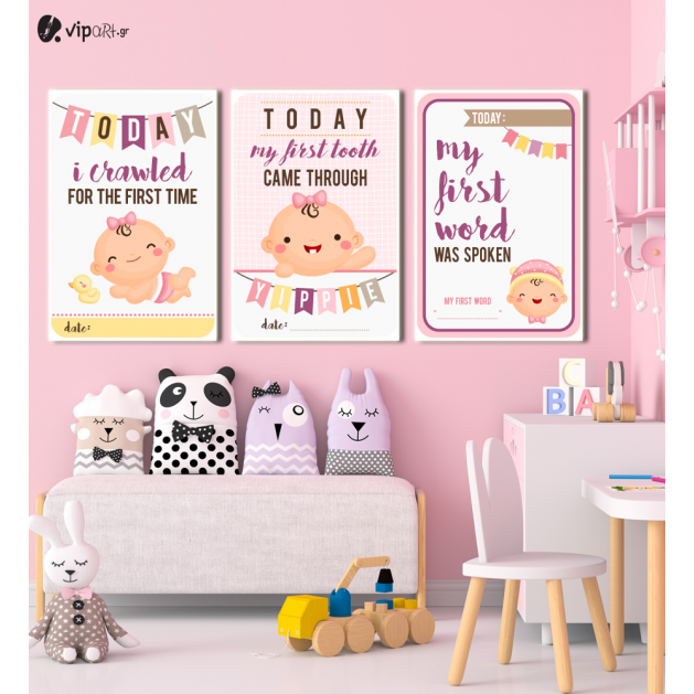 Σύνθεση Με Πίνακες Καμβάδες 60x40 - 3 Τεμάχια - Baby Girl με δικά σας στοιχεία