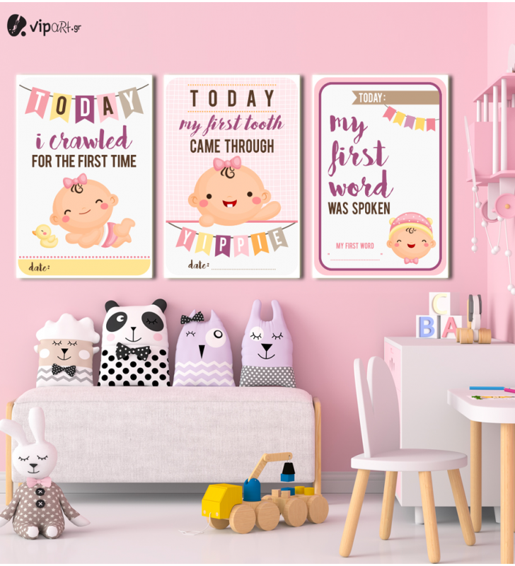 Σύνθεση Με Πίνακες Καμβάδες 60x40 - 3 Τεμάχια - Baby Girl με δικά σας στοιχεία