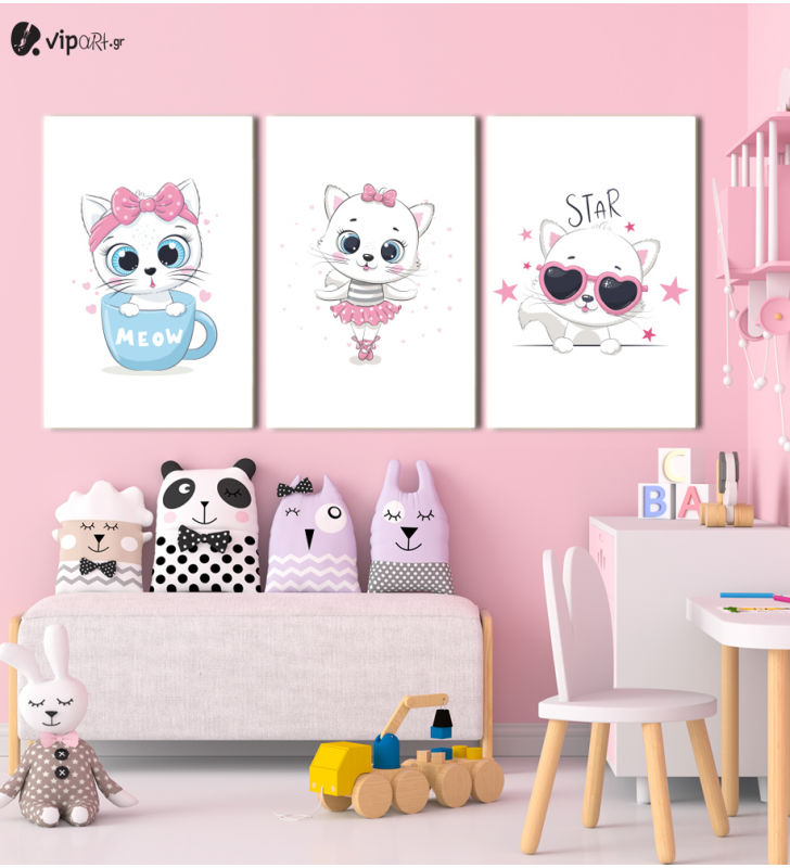 Σύνθεση Με Πίνακες Καμβάδες 60x40 - 3 Τεμάχια - Little Cute Kitty