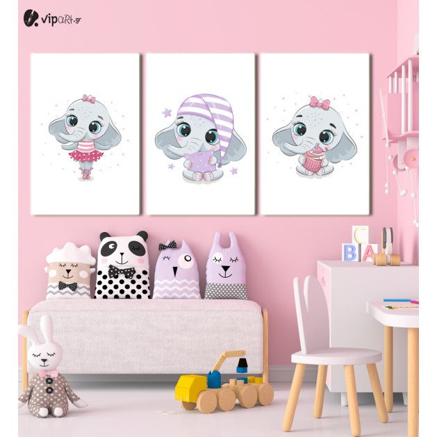 Σύνθεση Με Πίνακες Καμβάδες 60x40 - 3 Τεμάχια - Little Cute Elephant