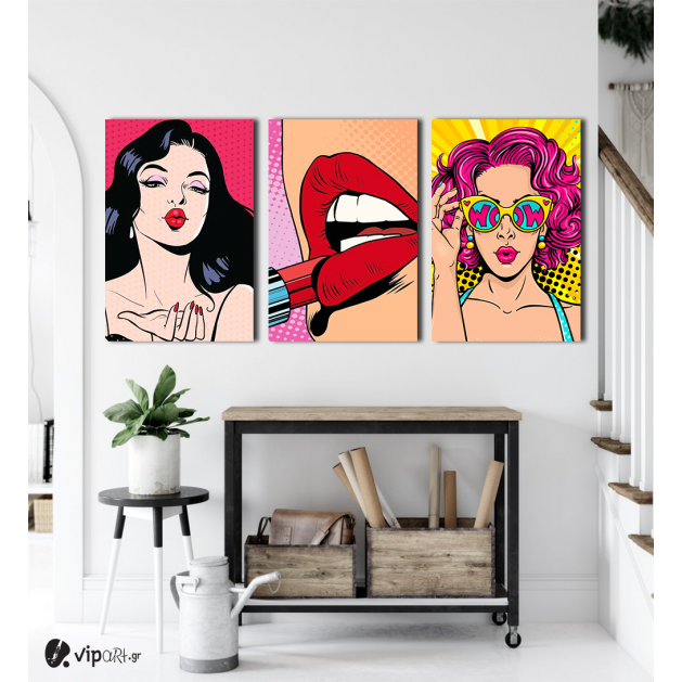 Σύνθεση Με Πίνακες Καμβάδες 60x40 - 3 Τεμάχια - Women in Pop Art Style
