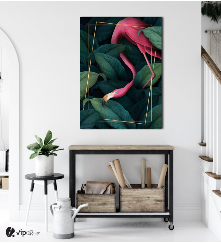 Πίνακας Καμβάς Pink flamingo- Gold frame