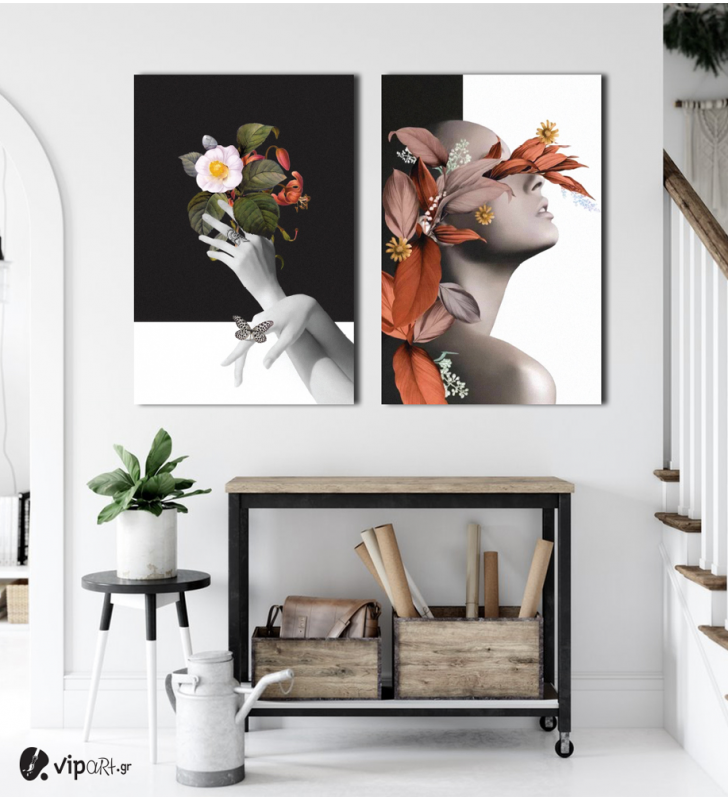 Σύνθεση με πίνακες Καμβάδες : Woman- Flower Black & White  - 2 Τεμάχια 70x 50
