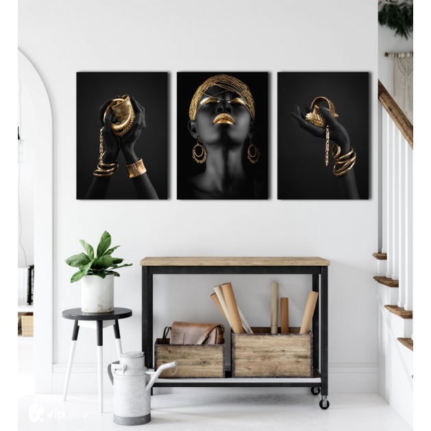 Σύνθεση Με Πίνακες Καμβάδες 70x50 - 3 Τεμάχια - Black And Gold Jewelry