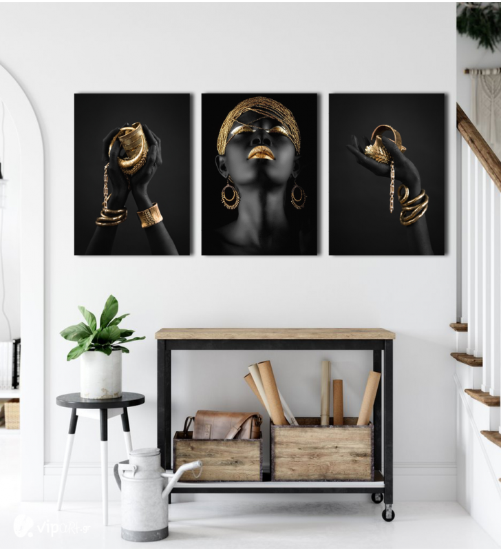 Σύνθεση Με Πίνακες Καμβάδες 70x50 - 3 Τεμάχια - Black And Gold Jewelry