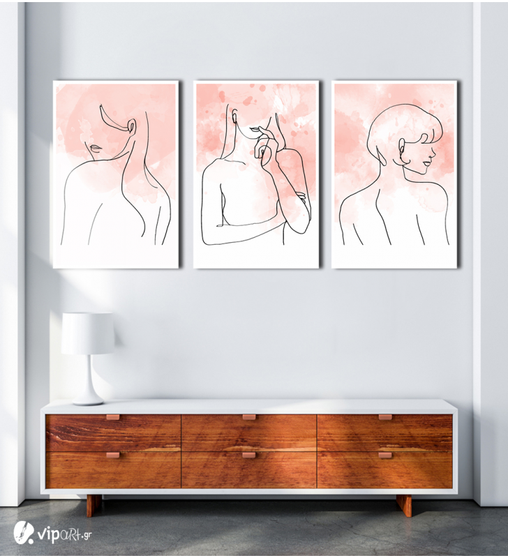 Σύνθεση Με Πίνακες Καμβάδες 60x40 - 3 Τεμάχια - Line Art Lady 2