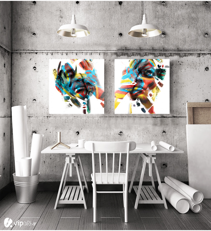 Σύνθεση Με Πίνακες Καμβάδες 60x60 - 2 Τεμάχια - Colorful Abstract Men Portrait