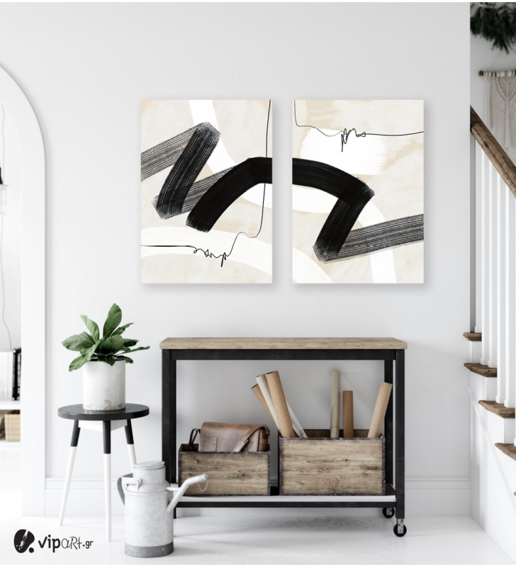 Σύνθεση με πίνακες Καμβάδες : Abstract Black and Beige Synthesis - 2 Τεμάχια 70x 50