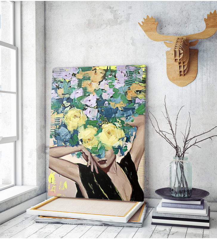 Πίνακας σε Καμβά : Lady With Blue Yellow and Orange Flowers