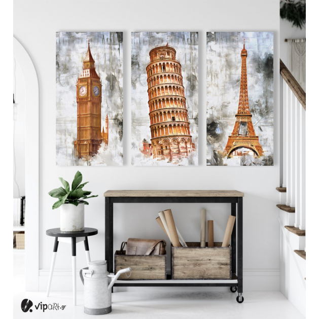 Σύνθεση με Πίνακες σε Καμβά-3 τεμάχια 40x80-London-Pisa-Paris