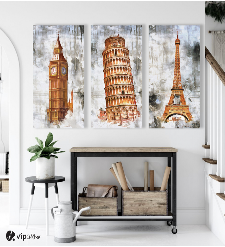 Σύνθεση με Πίνακες σε Καμβά-3 τεμάχια 40x80-London-Pisa-Paris