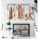 Σύνθεση με Πίνακες σε Καμβά-3 τεμάχια 40x80-London-Pisa-Paris