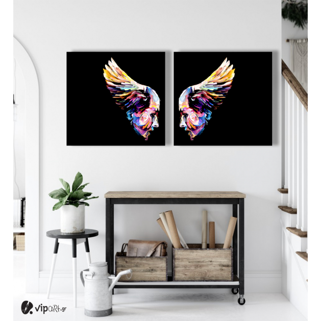 Σύνθεση Με Πίνακες Καμβάδες 60x60 - 2 Τεμάχια - Wings and Faces Abstract Synthesis