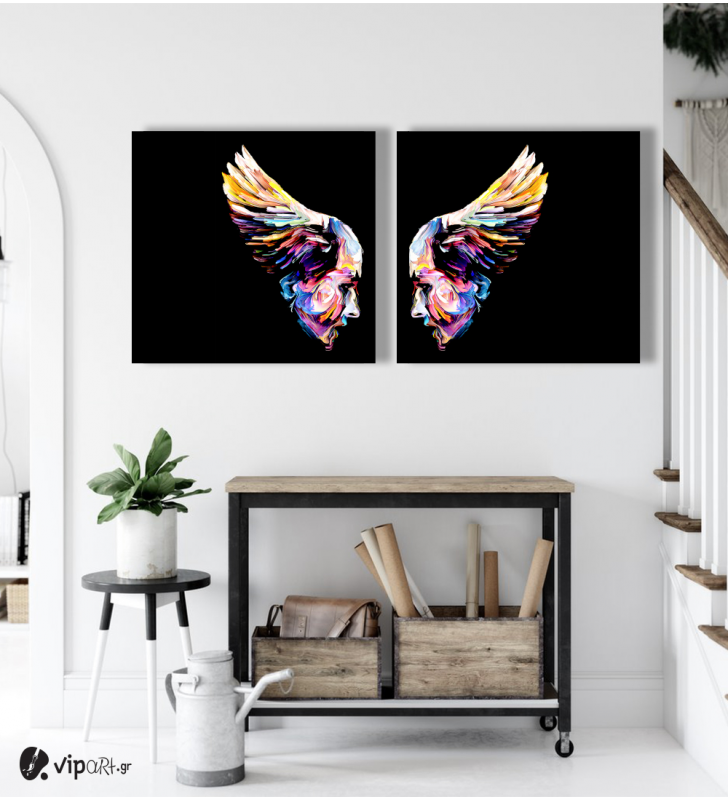 Σύνθεση Με Πίνακες Καμβάδες 60x60 - 2 Τεμάχια - Wings and Faces Abstract Synthesis
