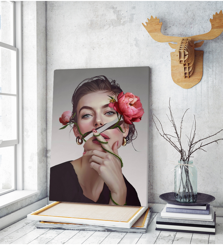 Πίνακας σε Καμβά : Surrealistic Woman Portrait With Flowers