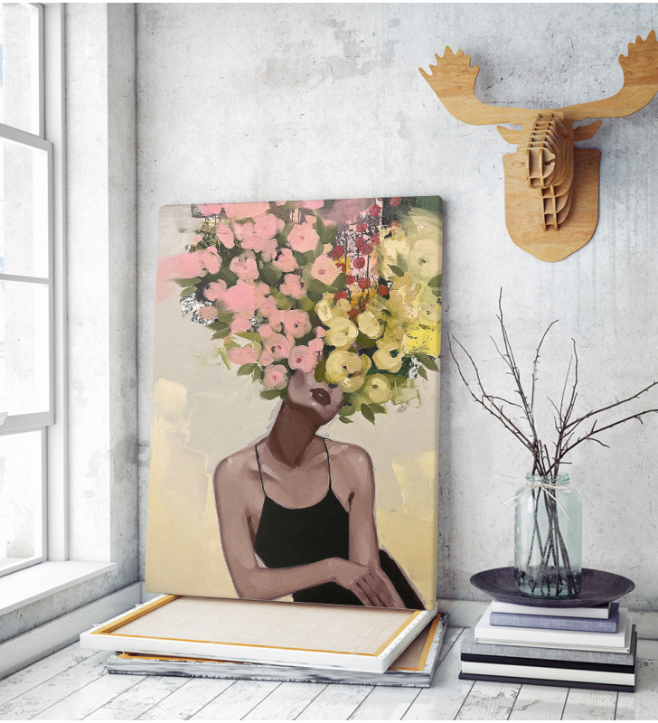 Πίνακας σε Καμβά :  Floral Woman Portrait Pink and Yellow Tones