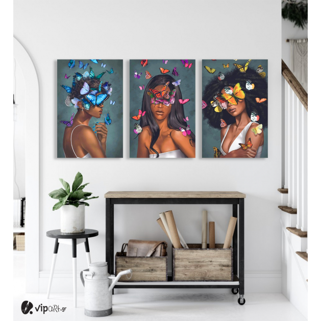 Σύνθεση Με Πίνακες Καμβάδες 60x40 - 3 Τεμάχια -  Portraits Butterfly art