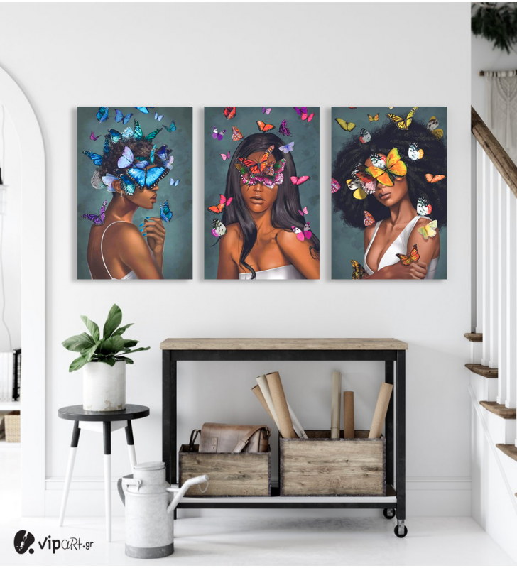 Σύνθεση Με Πίνακες Καμβάδες 60x40 - 3 Τεμάχια -  Portraits Butterfly art