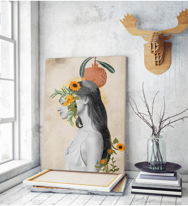 Πίνακας σε Καμβά : Nude Tone Woman Canvas with Flowers
