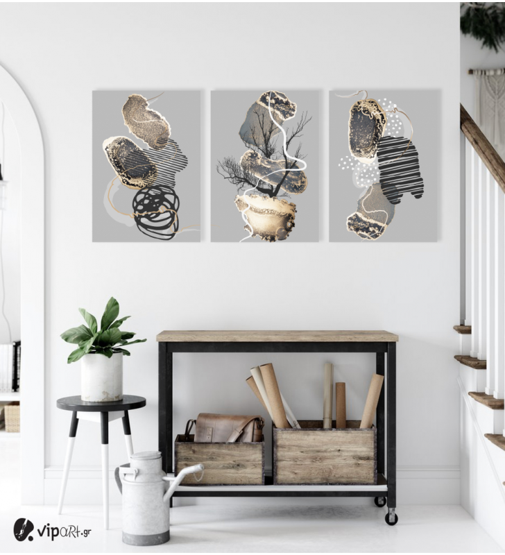 Σύνθεση Με Πίνακες Καμβάδες 70x50 - 3 Τεμάχια - Abstract Grey Gold Black synthesis