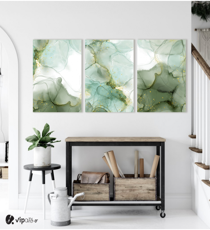 Σύνθεση Με Πίνακες Καμβάδες 60x40 - 3 Τεμάχια - Abstract Alcohol Ink Art With Green White And Gold Tones