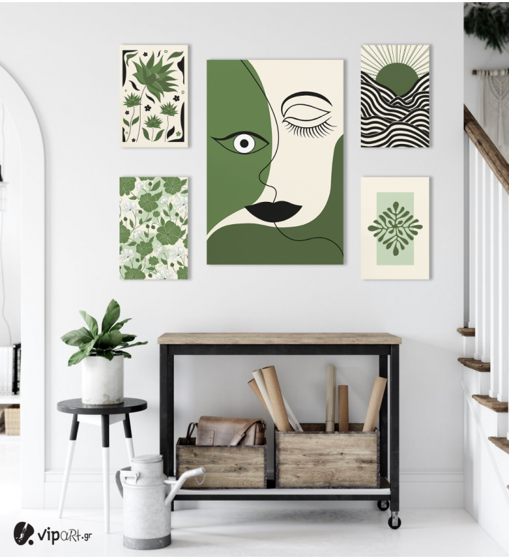 Σύνθεση με πίνακες Καμβάδες Green and Black Vintage x Modern - 4 Τεμάχια 30x 20  & 1 Tεμάχιο 60 X 40