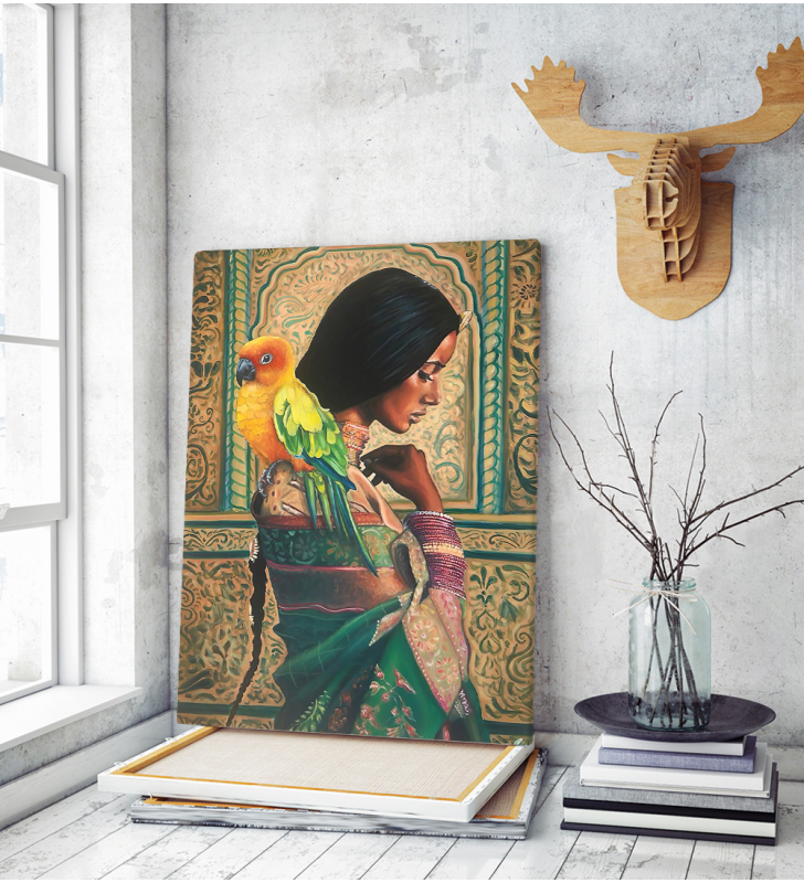 Πίνακας σε Καμβά : Beautiful Indian Painting Girl with parrot