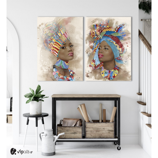 Σύνθεση με πίνακες Καμβάδες : Watercolor African Portrait 2- 2 Τεμάχια 70x50