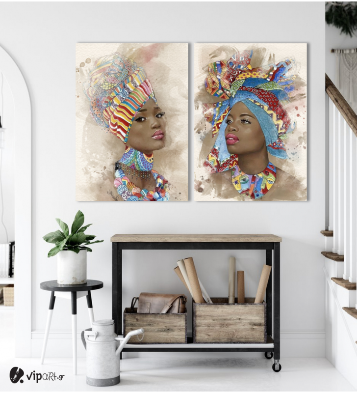 Σύνθεση με πίνακες Καμβάδες : Watercolor African Portrait 2- 2 Τεμάχια 70x50