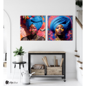 Σύνθεση Με Πίνακες Καμβάδες 60x60 - 2 Τεμάχια - Colorful Floral Portraits African Woman with Turbans