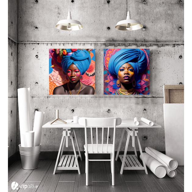 Σύνθεση Με Πίνακες Καμβάδες 60x60 - 2 Τεμάχια - Colorful Floral Portraits African Woman with Turbans