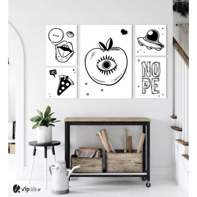Σύνθεση με πίνακες Καμβάδες 72x114 - Black and White Apple Nope Pizza Yes