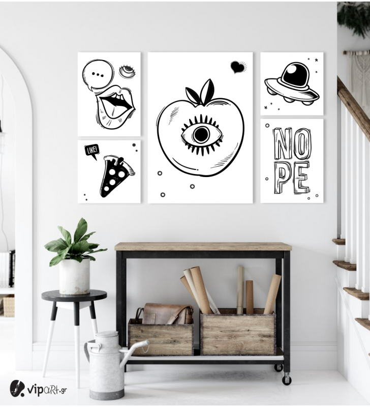 Σύνθεση με πίνακες Καμβάδες 72x114 - Black and White Apple Nope Pizza Yes