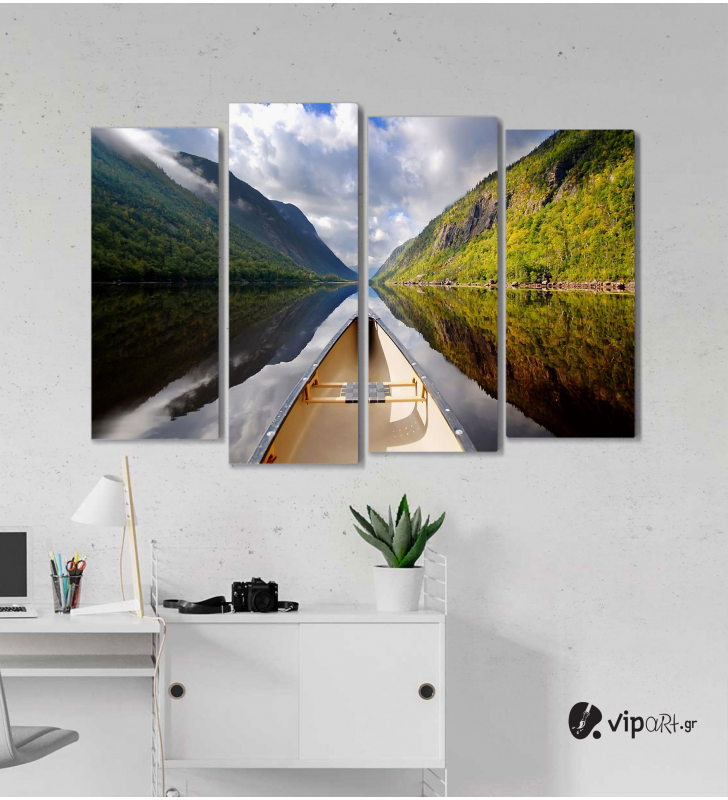 Πίνακας Καμβάς Τετράπτυχος Mountain Boat Mirror -  Καθρέφτης βουνού