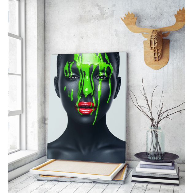 Πίνακας σε Καμβά woman green makeup art red lips