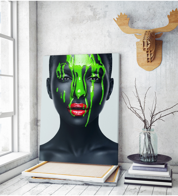 Πίνακας σε Καμβά woman green makeup art red lips