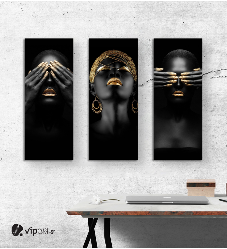 Σύνθεση με Πίνακες σε Καμβά Gold and Black beauty portraits 3 τεμάχια 40x100