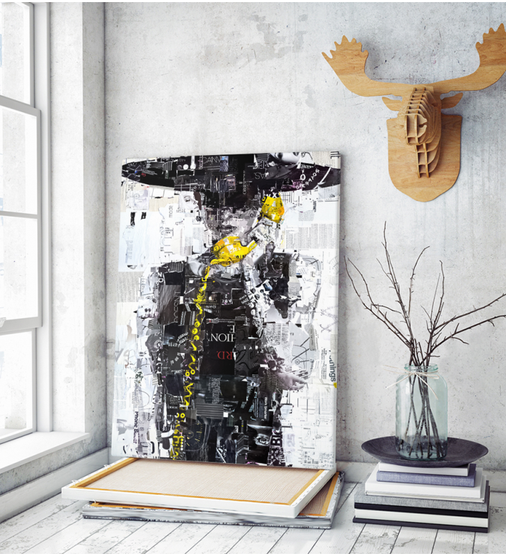Πίνακας σε Καμβά : Black yellow painting with woman telephone