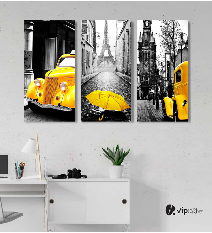 Σύνθεση με Πίνακες σε Καμβά Yellow and Black Paris car τεμάχια 40x80
