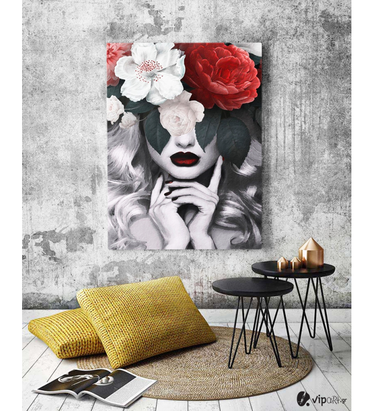 Πίνακας σε Καμβά : Minimal creative with woman and flowers