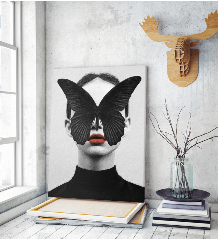 Πίνακας σε Καμβά : woman butterfly red lips