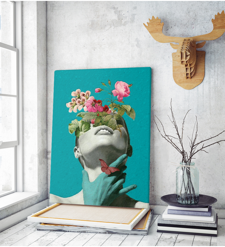 Πίνακας σε Καμβά :  Minimal creative woman flowers cyan