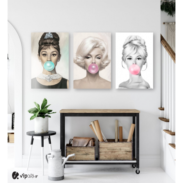 Σύνθεση Με Πίνακες Καμβάδες 60x40 - 3 Τεμάχια - marilyn monroe audrey hepburn Brigitte Bardot bubble gum