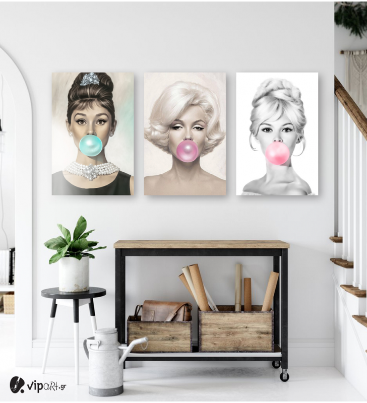 Σύνθεση Με Πίνακες Καμβάδες 60x40 - 3 Τεμάχια - marilyn monroe audrey hepburn Brigitte Bardot bubble gum