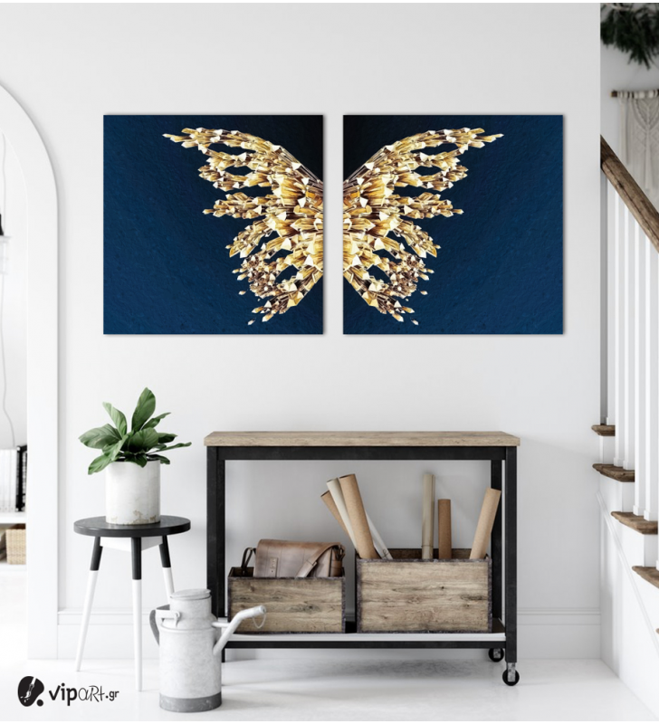 Σύνθεση Με Πίνακες Καμβάδες 60x60 - 2 Τεμάχια - blue and gold butterfly
