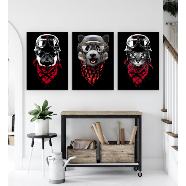 Σύνθεση Με Πίνακες Καμβάδες 70x50 - 3 Τεμάχια - Animals Adventure Red Scarf