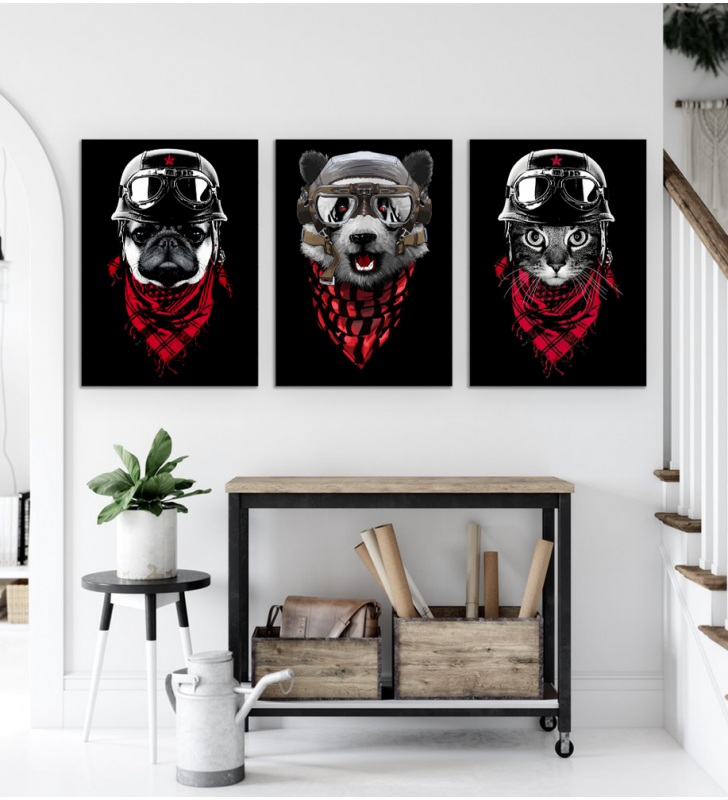 Σύνθεση Με Πίνακες Καμβάδες 70x50 - 3 Τεμάχια - Animals Adventure Red Scarf