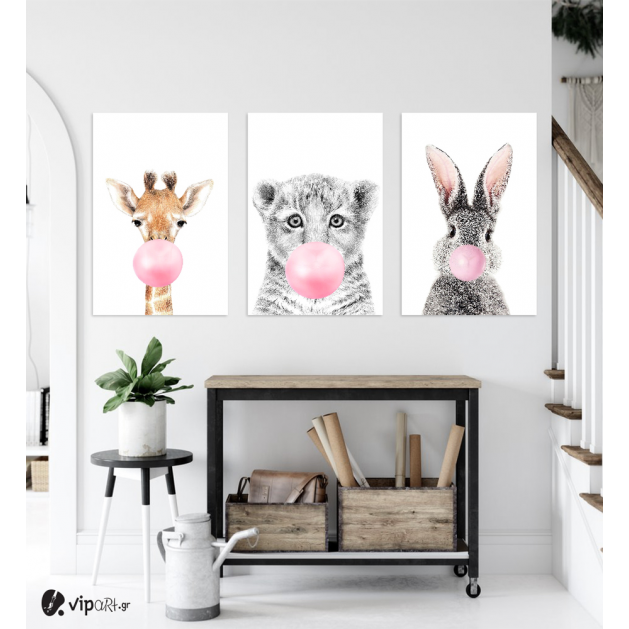 Σύνθεση Με Πίνακες Καμβάδες 60x40 - 3 Τεμάχια - Blowing Bubbles Animals