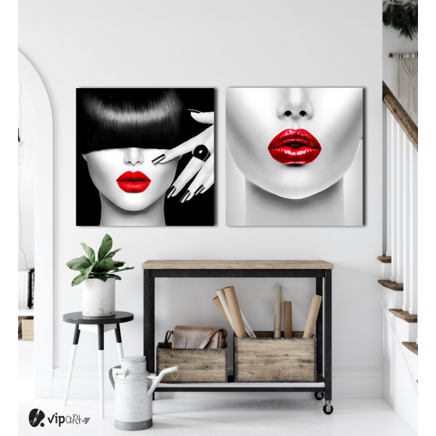Σύνθεση Με Πίνακες Καμβάδες 60x60 - 2 Τεμάχια - Beauty Red Lips portrait