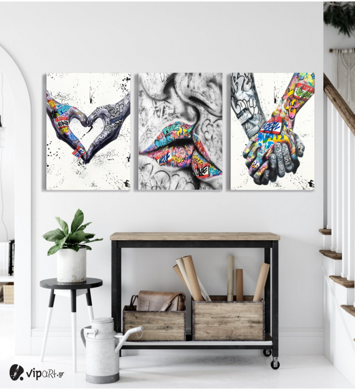 Σύνθεση Με Πίνακες Καμβάδες 70x50 - 3 Τεμάχια - Street Graffiti Art Heart Kiss Hand